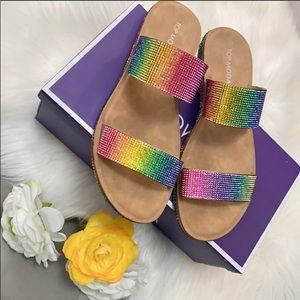 Rainbow Gemstone Rhinestone Glittery Strap Sandals By Top Moda NEW! 50% OFF